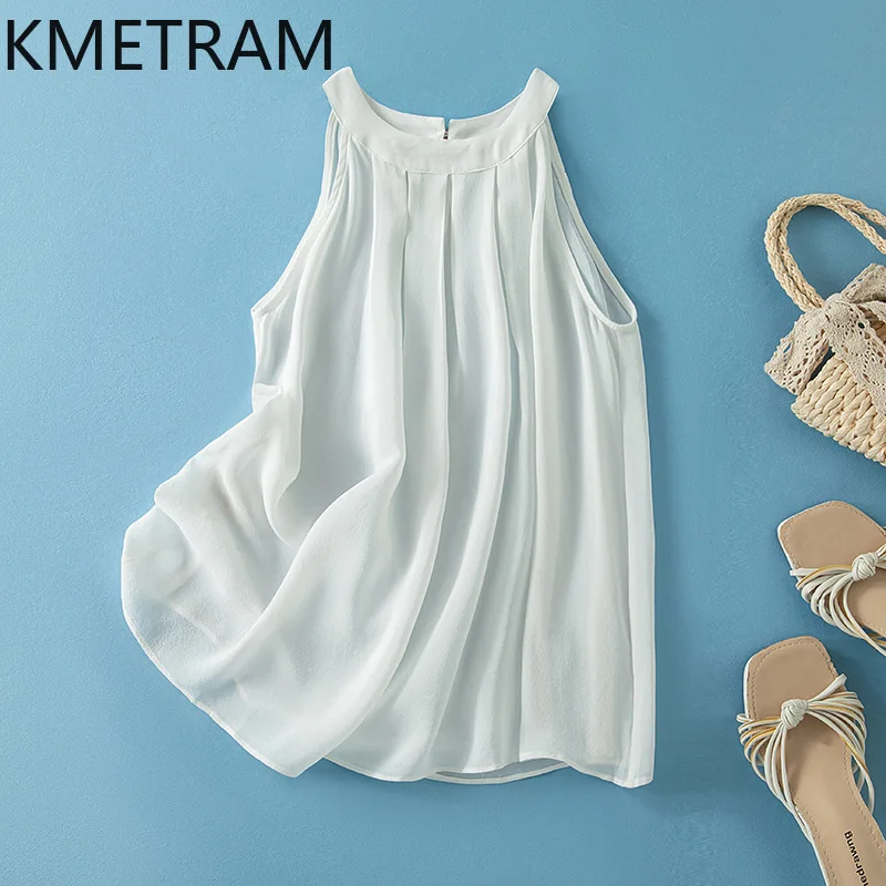 

KMETRAM 100% Natural Mulberry Silk Tanks Top Women Casual Sleeveless Summer Tops Elegant Loose Vest 2026 New Woman Clothing топ