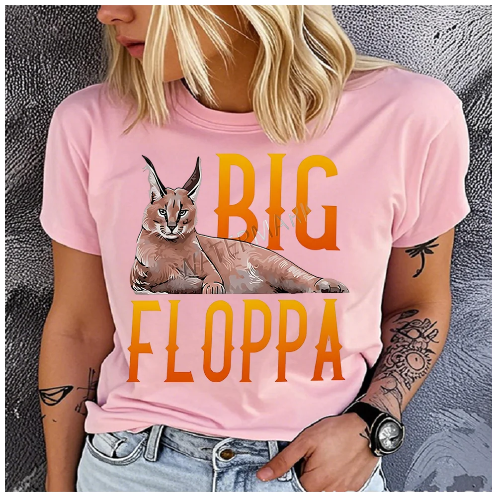Cotton 100% Big Floppa Caracal Cat Graphic Print T‑Shirt Women Pink Short Sleeve Crew Neck Tee Meme Animal Casual Daily Wear Top