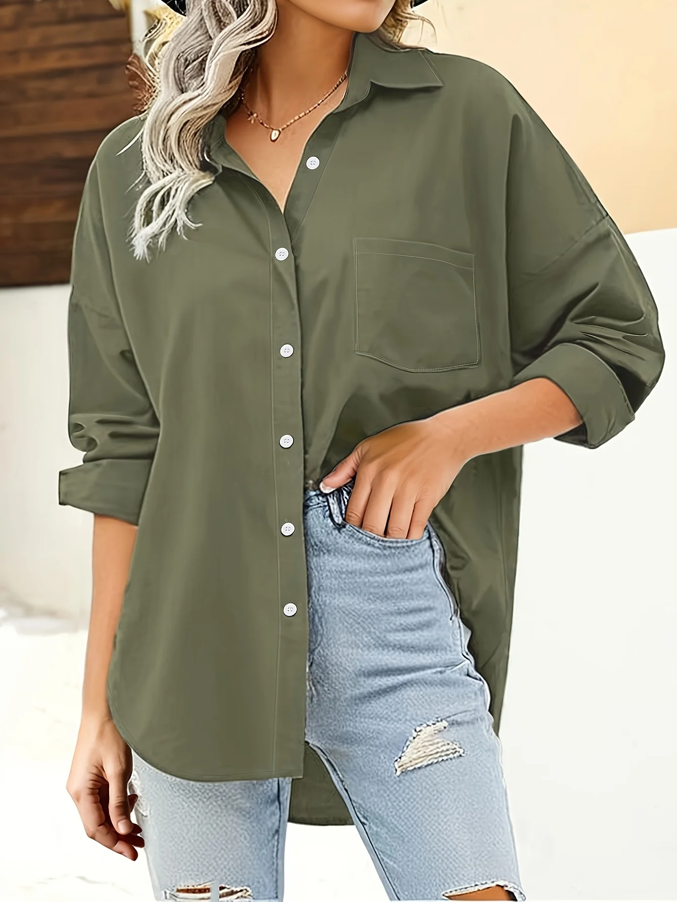Women's Olive Green Oversized Collared Shirt - Long Sleeve Button Down Blouse with Chest Pocket, Casual Loose Fit for Daily & Of
