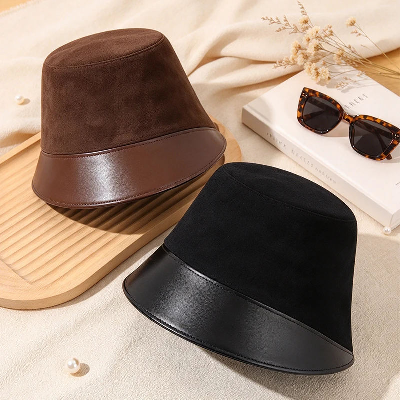 Women Large Deep Bucket Hat Suede Leather Patchwork Fisherman Cap Ladies Fall Winter Fashion Vintage Warm Hat for Daily Wear