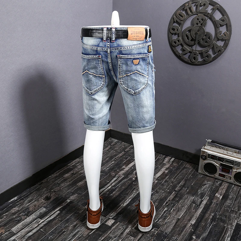 

Men's Light Blue Ripped Denim Shorts Street Tide Brand Retro Summer Thin Casual Trendy All-Match Shorts