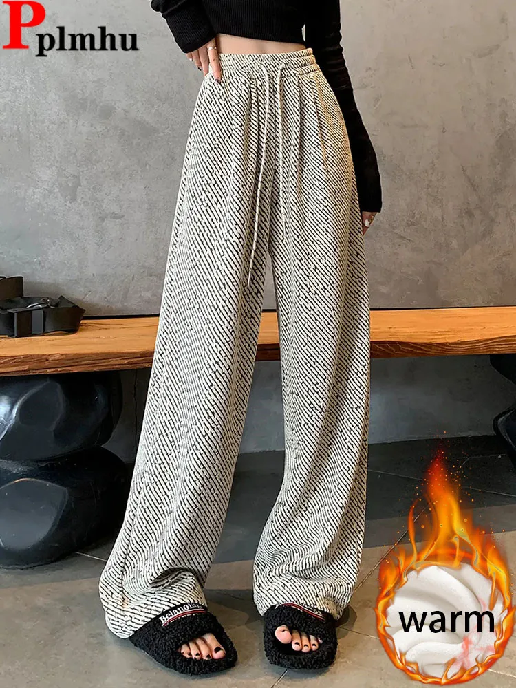 Winter Warm Loose Thicken Wide Leg Pants Women Elastic High Waist Velvet Lined Straight Pantalones Casual Snow Wear Sweatpants