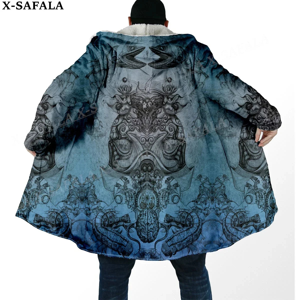 Viking Odin Tattoo Symbool Totems Art Dikke Warme Kapmantel Mannen Overjas Jas Winddicht Fleece Cape Gewaad Capuchon Deken-7