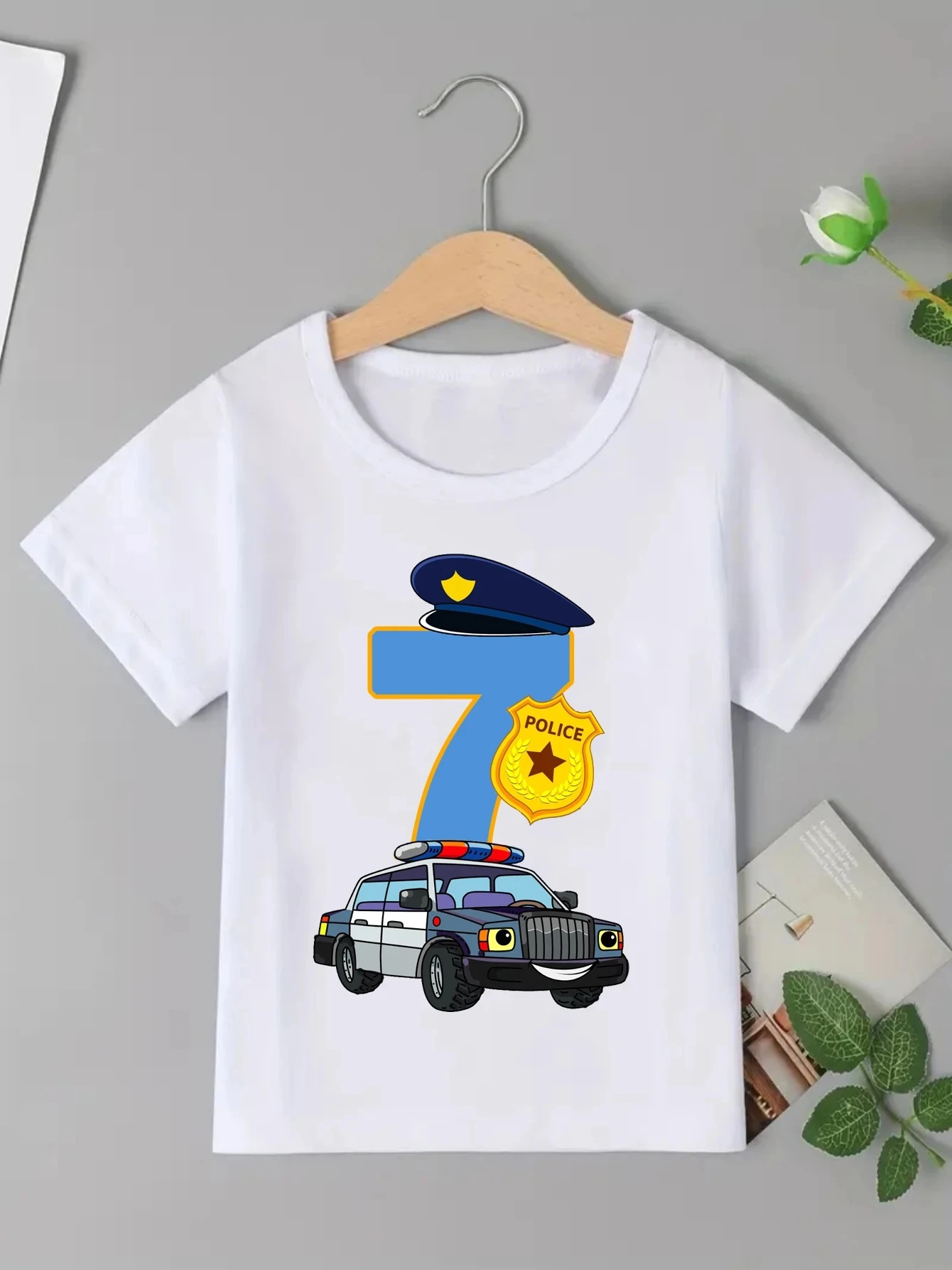 

Funny Birthday Boy Police Theme Number 1-9 Cute with Police Badge Camouflage Helicopter T Shirt Kids Short Sleeve Tops
