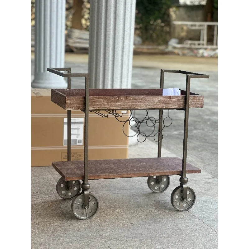 Vintage solid wood iron double-layer storage rack, storage cart with wheels, mobile tea rack, Aurora American-style kitchen food