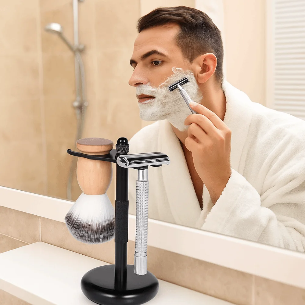

Alloy Construction Razor and Brush Stand Chrome Finish Weighted Bottom Shaving Brush Stand Extra Wide Openings Safety
