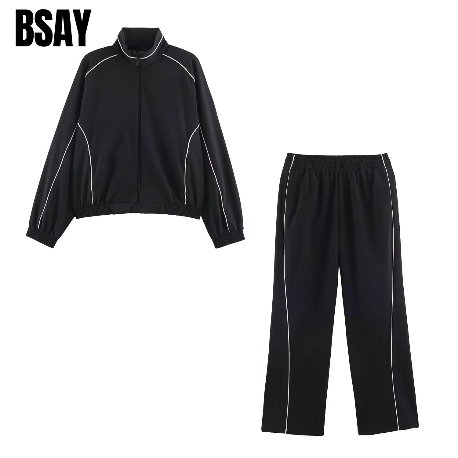 BSAY Women Contrast Binding 2 Piece Track Suit Zip Front Stand Collar Jacket Elastic Waist Wide Leg Pants Casual Matching Outfit