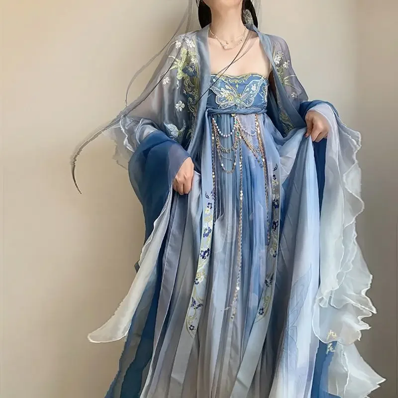 

2025 Girl spring and summer new adult performance gown Blue women's embroidery Hanfu Chinese traditional style round neck robe