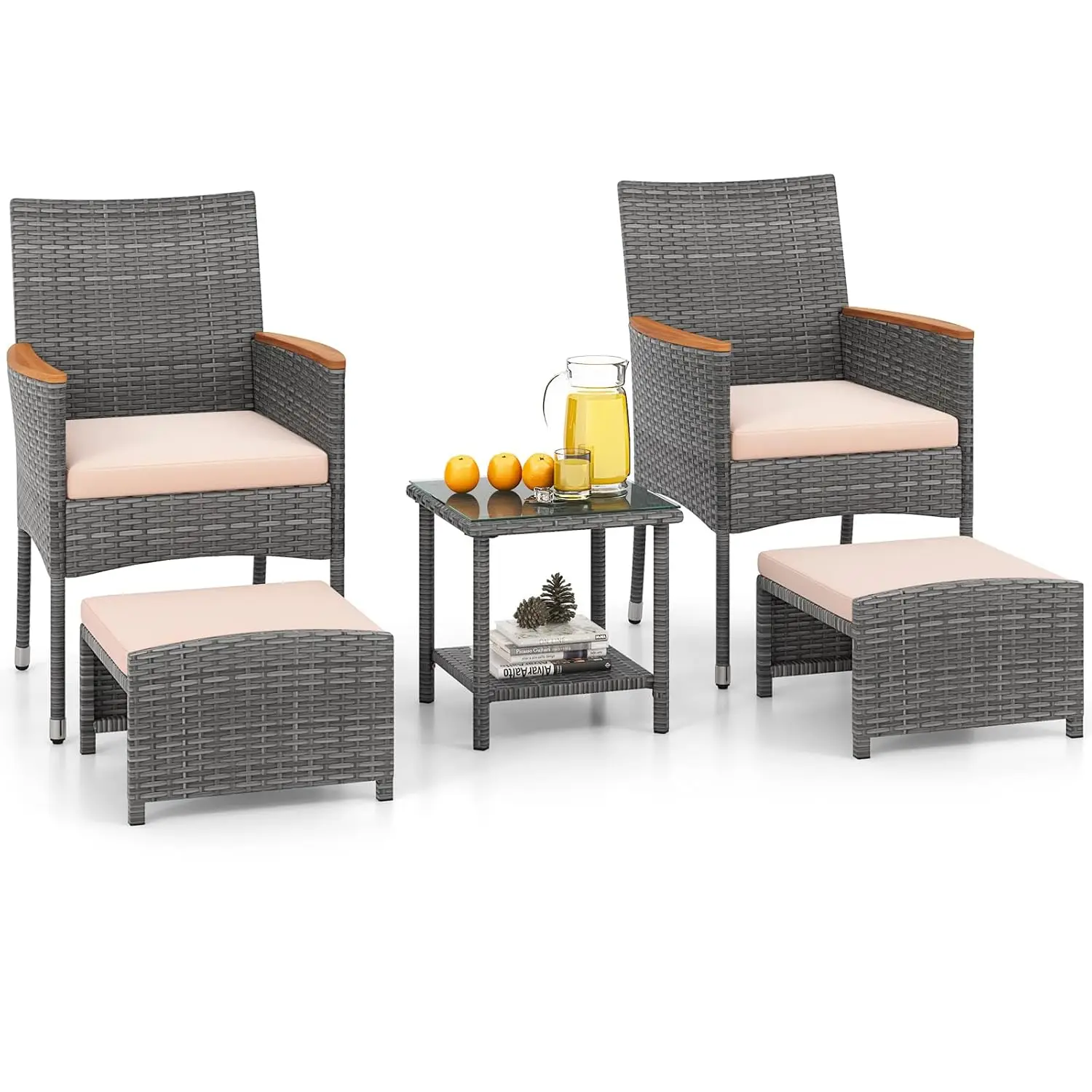 5-Piece PE Rattan Patio Set with Cushions Ottoman Glass Table Acacia Wood Armrest Outdoor Furniture Grey Beige Customized