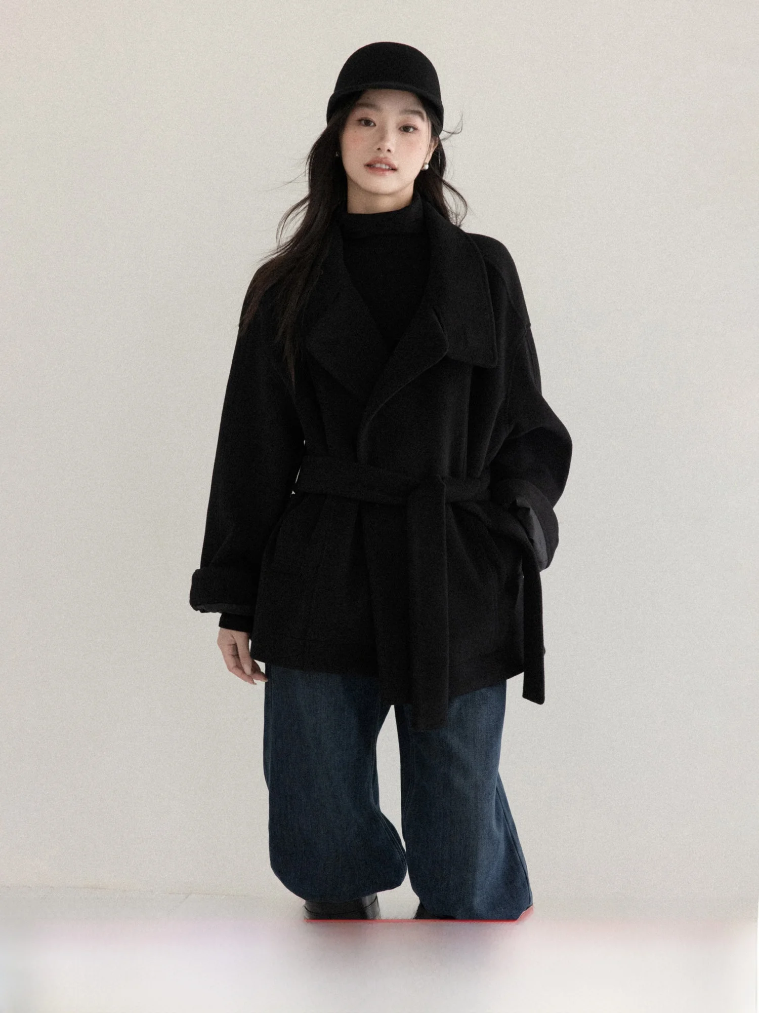 

Warm Bla Woolen Coat for Women Turn-down Collar Sli Design Winter New Arrival Thiened Polyester Fiber Blend Jaet