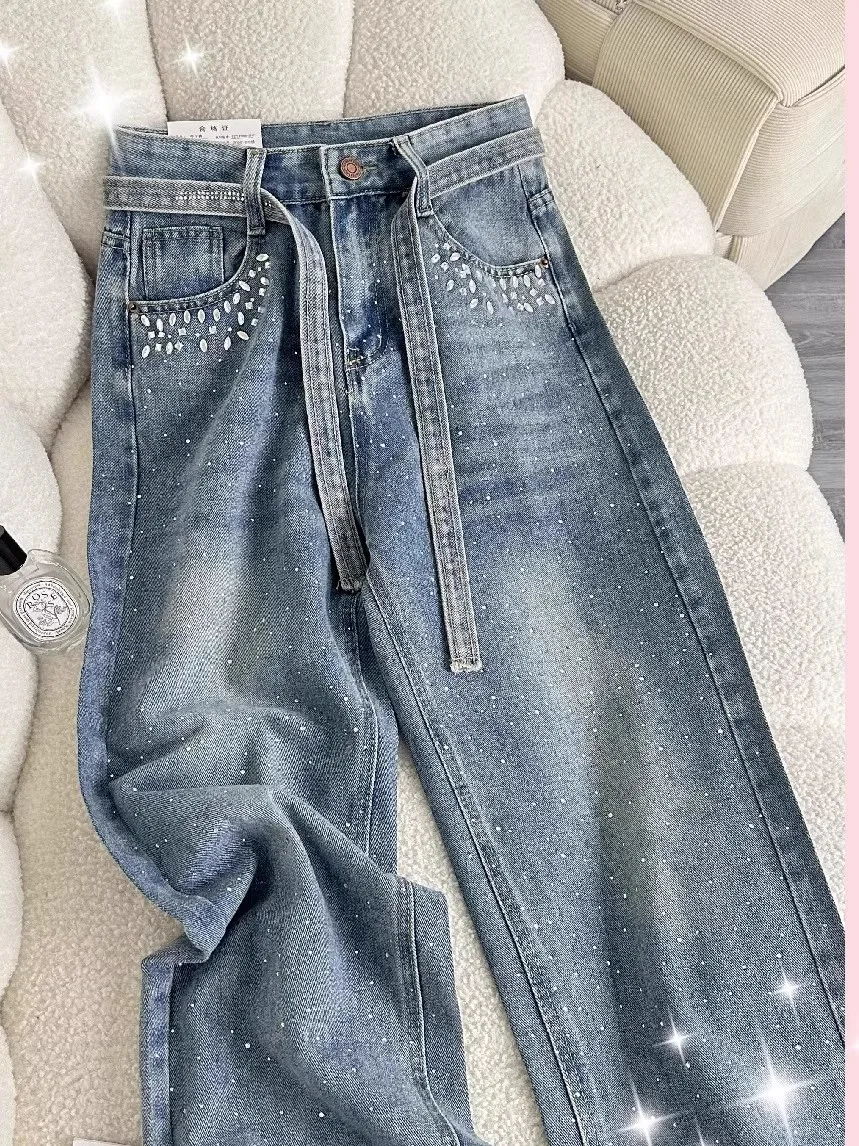 Heavy Du Strass Taille Wijde Pijpen Jeans Casual Hoge Taille Rechte Cut Denim Broek voor Vrouwen Lente Herfst plus Size Slanke...