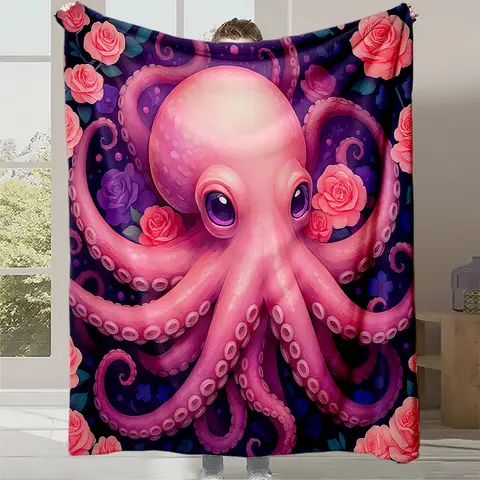 1pc Pink Octopus & Purple Roses Plush Fleece Blanket - Cute Anime-Inspired Tentacle & Bedspread, Soft Quilted All-Season Cozy