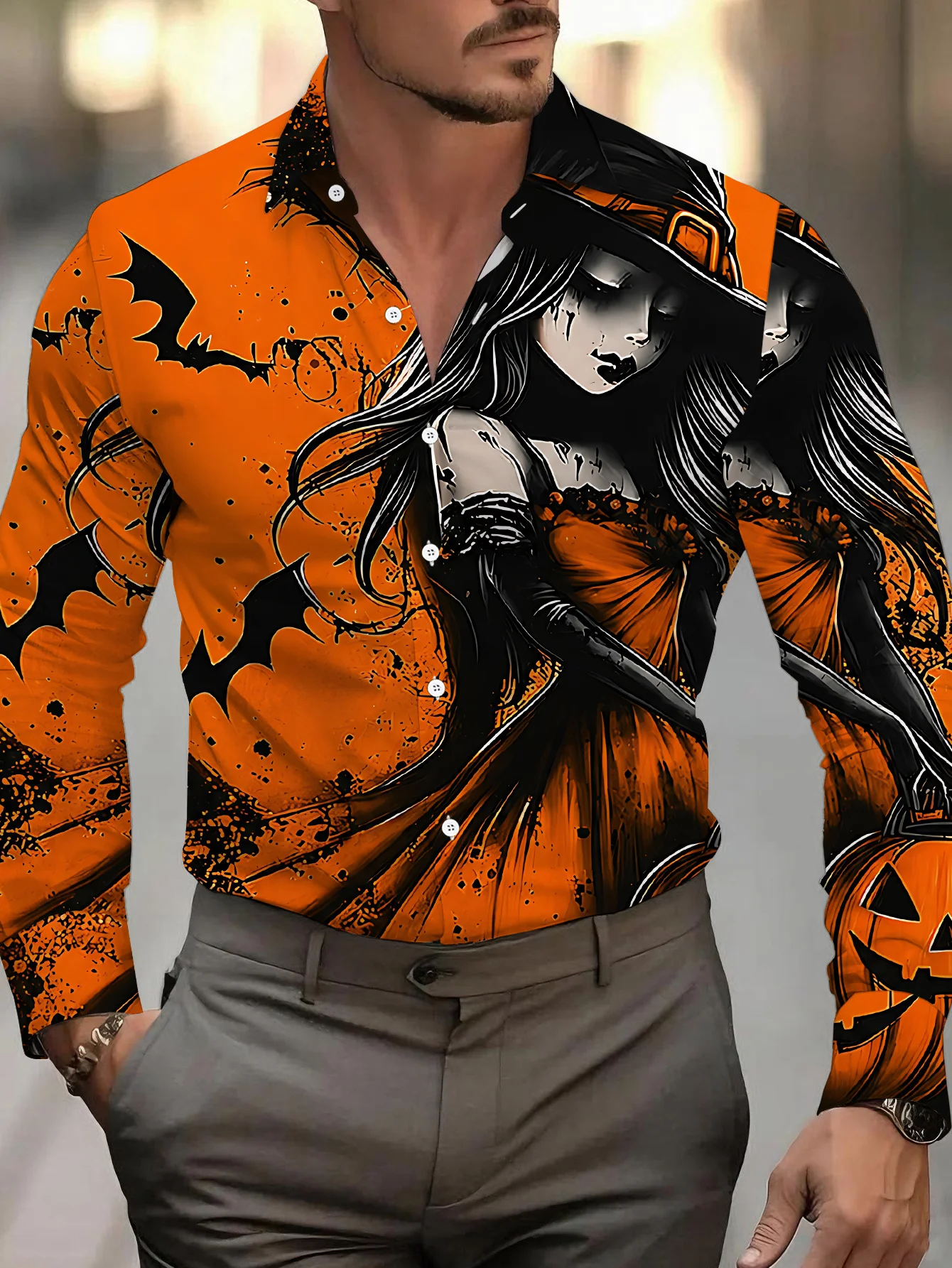 Men Long Sleeve Button Down Shirt Orange Dark Witch Lady Bat Pumpkin Print Polyester Lapel Collar Halloween Party
