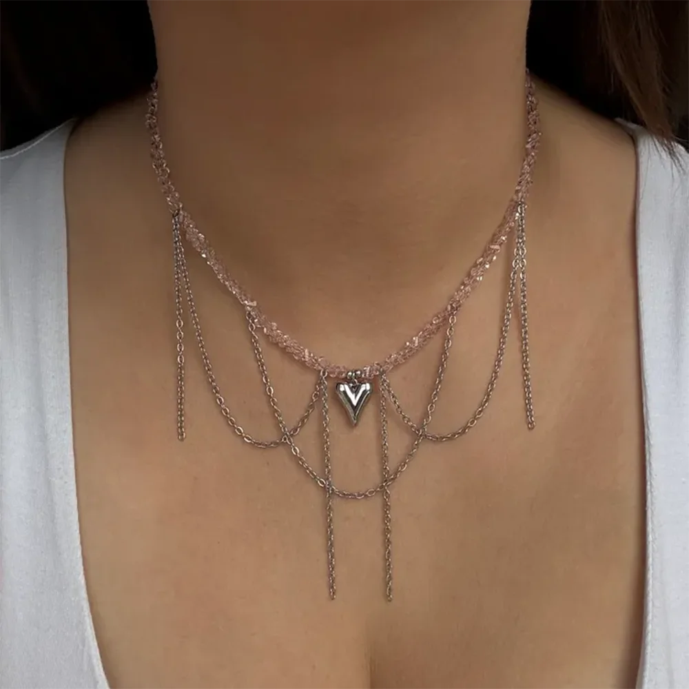 Retro Cute Heart Chain Flowing Pendant Necklace 2026 Simple Creative Sweet Crystal Bead Girl Fashion Birthday Jewelry