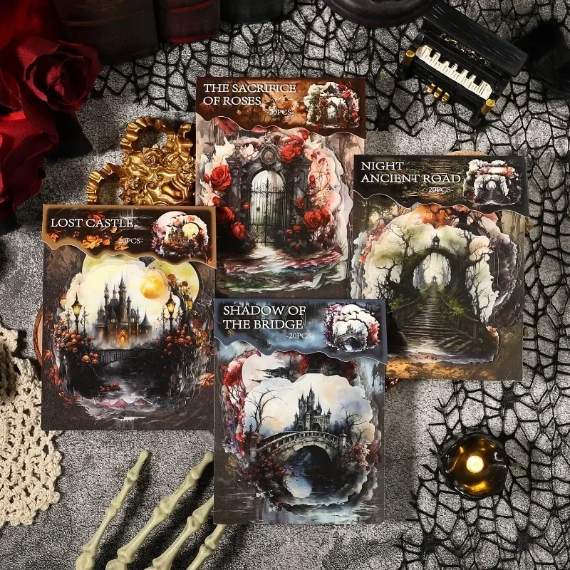 Pegatina de 20 piezas de estilo europeo, pegatina de niebla Legend, Collage de mascotas, Material de manual, bolsa base Retro gótica, paquete de suministros de 153x103mm