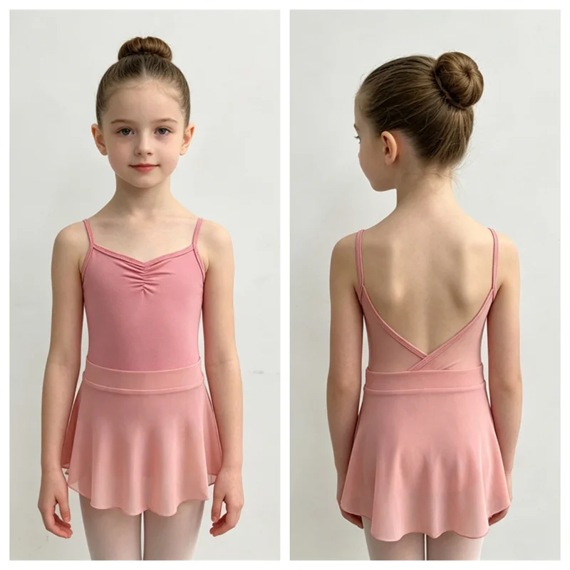 Factory Wholesale  Cheap Training Dance Wear Cotton Spandex Children Kids Girls Ballet Leotards with Mesh Skirts