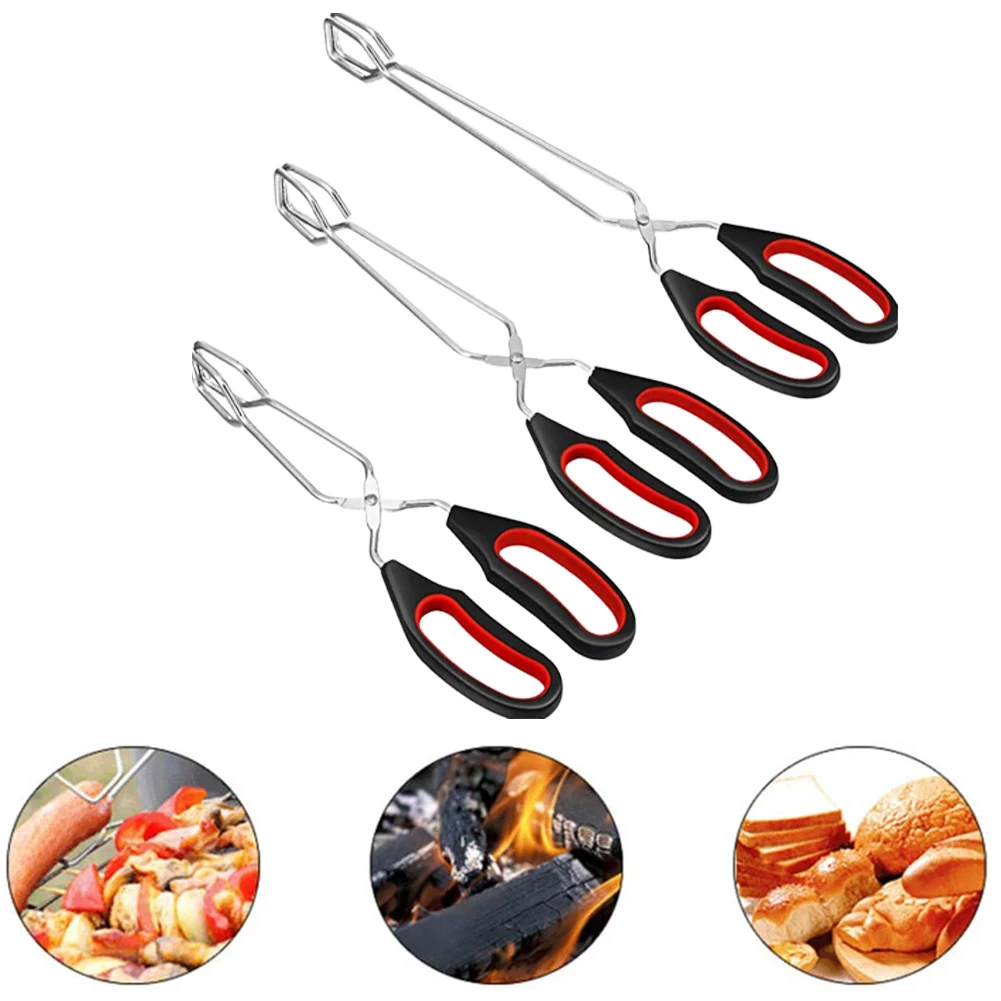 Bar Dining Kitchen Bread Tongs Scissor Food Tong Long Handle Multi-function Food Forceps Red & Black Accessories