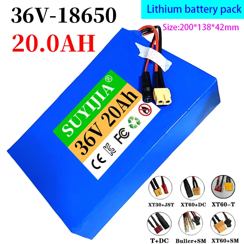 10S4P 36V Battery 20000mAh Battery High Capacity 18650 Lithium Ion Rechargeable Battery Pack Built-in 20A BMS Optional Plug