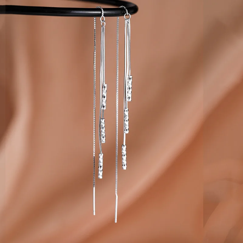 Personality Charm 925 Sterling Silver Cylindrical Long Tassel Dangle Earrings for Woman Ear Thread Jewelry Accessories Colorfast