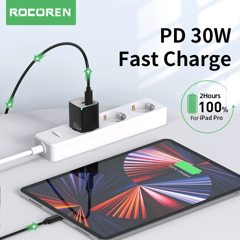 Rocoren 33W GaN USB Type C Charger Quick Charge 4.0 3.0 PD Fast Charging Charger For iPhone 14 13 12 Pro iPad Air Xiaomi Samsung