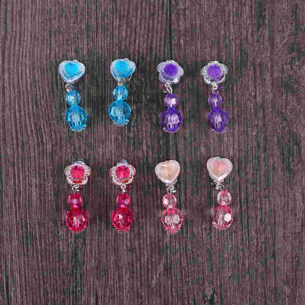 Juego de 4 pares de pendientes con Clip y colgante de cristal brillante para niños, joyería para juego de imitación, accesorios de vestir, juguete