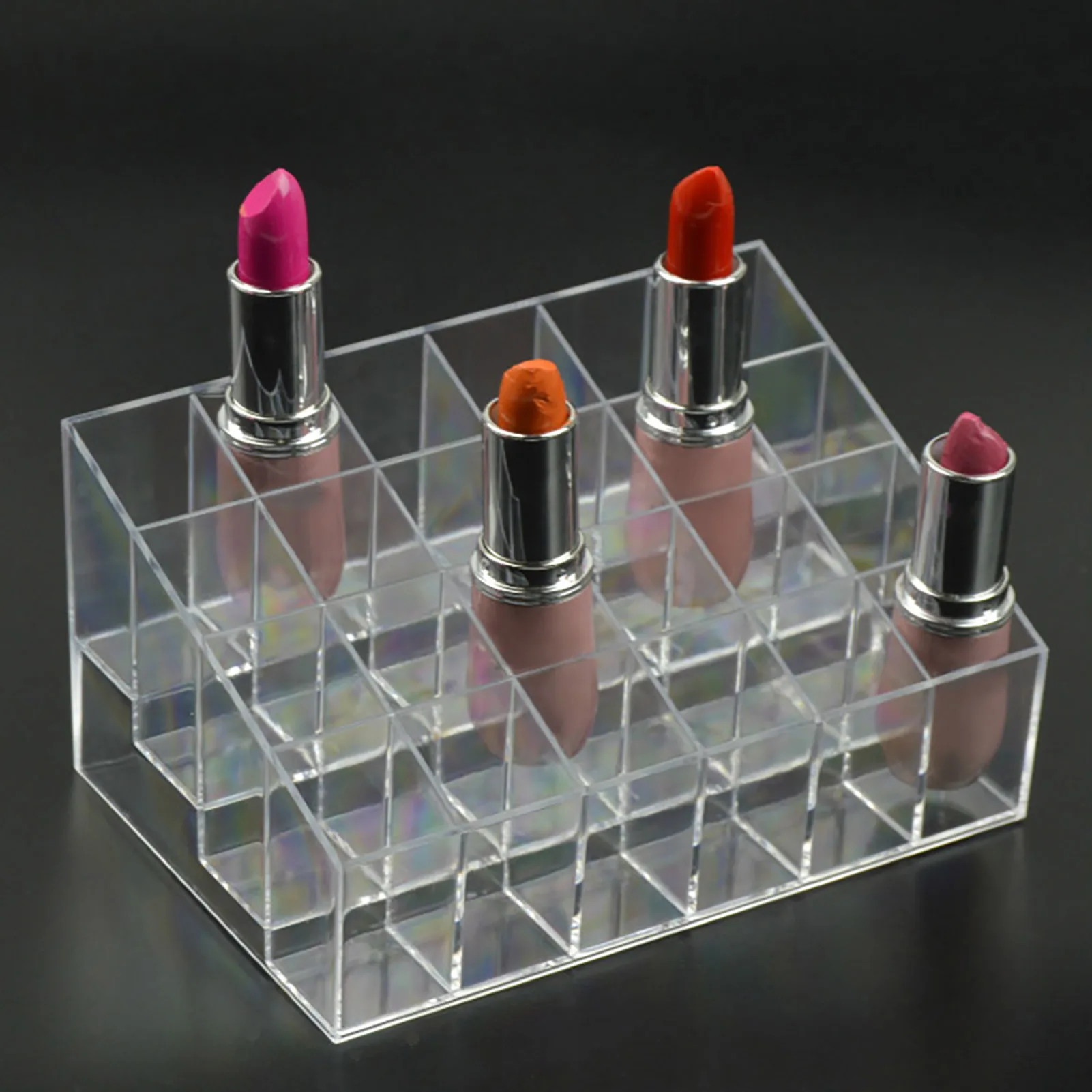 24-Gitter Lippenstift Nagellack Display Rack Trapez Kunststoff Transparent Make-Up Stand Rack Kosmetik Organizer Halter Box