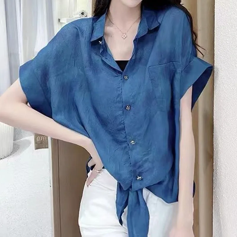 Korean Loose Turn-down Collar Short Sleeve Shirt Women\'s Clothing Summer Simplicity Fashion Solid Color Single-breasted Blouse