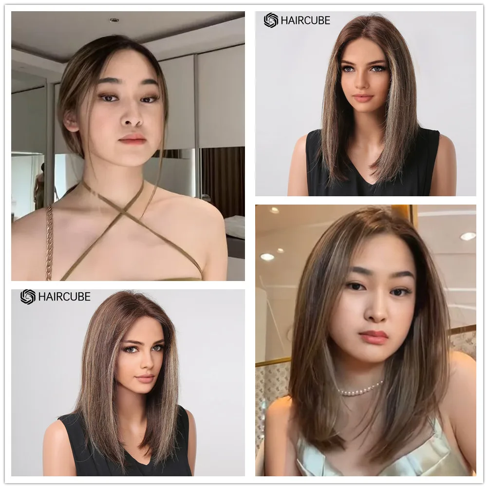 HAIRCUBE الإنسان خصلات الشعر المستعار قصيرة مستقيم بوب شعر مستعار للنساء براون شقراء تسليط الضوء على شعر مستعار المرأة متوسطة طول T جزء الدانتيل شعر مستعار أمامي