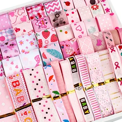 Pink Series 12yards Random Set Different Size Mixed Same Color Pattern Design Printed Grosgrain/Satin Ribbon,each Is 1 Yard