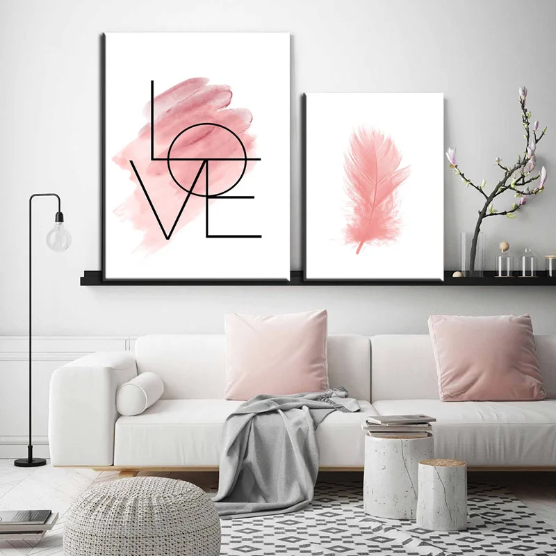 

Nordic Minimalist Wall Art Canvas Print Motivational Love Text Poster Pink Feather Home Decor Picture Painting Mural Artwork