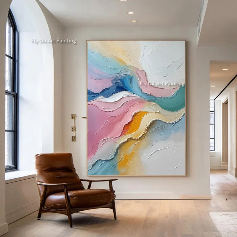 Hand Painted Impasto Abstract Wave Oil Painting, Pastel Layer Textured Canvas Wall Art, Modern Living Room Wall Decor
