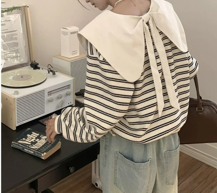 Long Sleeve Top Women's Winter Interior Loose Doll Collar Striped Sweater
