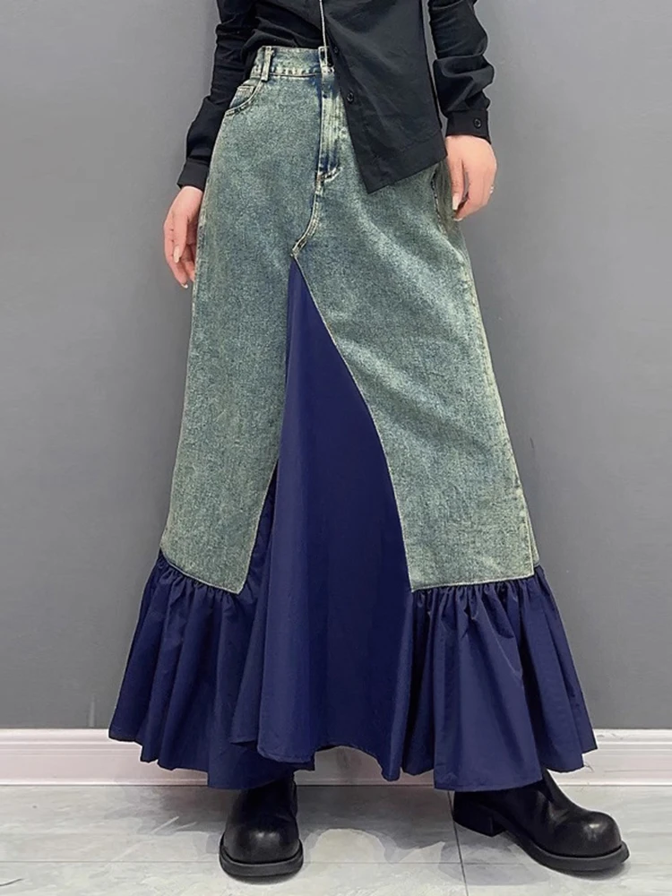 [EAM] High Elastic Waist Army Green Irregular Rruffles Denim Long Half-body Skirt Women Fashion New Spring Autumn 2024 1DH5218