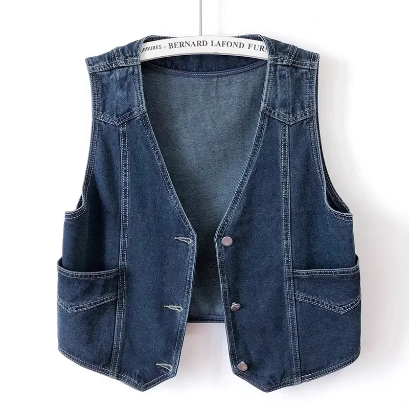 

Retro V-neck Deep blue Denim Vest Women's Spring Autumn 2025 Sleeveless Vest Jacket Short Waistcoat Loose Shoulder Casual Tops