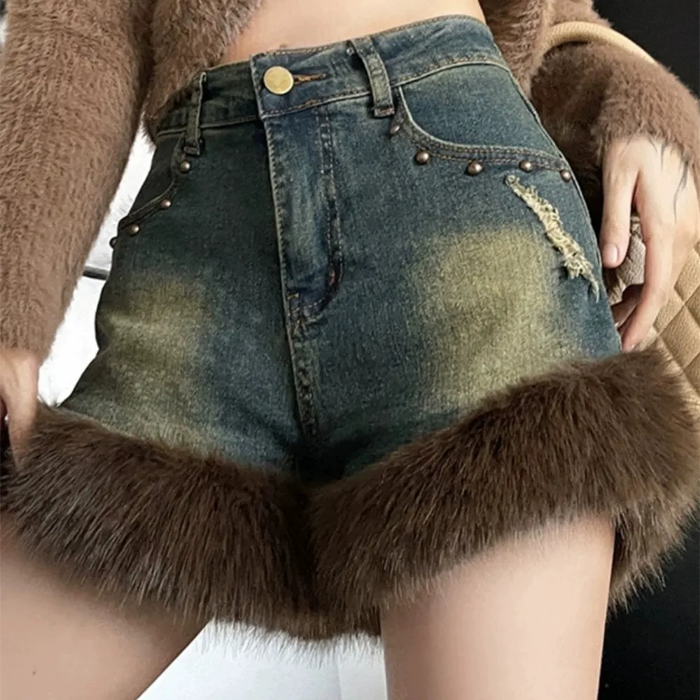 

American Vintage Sexy Blue Shorts Plush Patchwork Rivet High Waist Warm Thicken Denim Hot Pants Fashion Streetwear