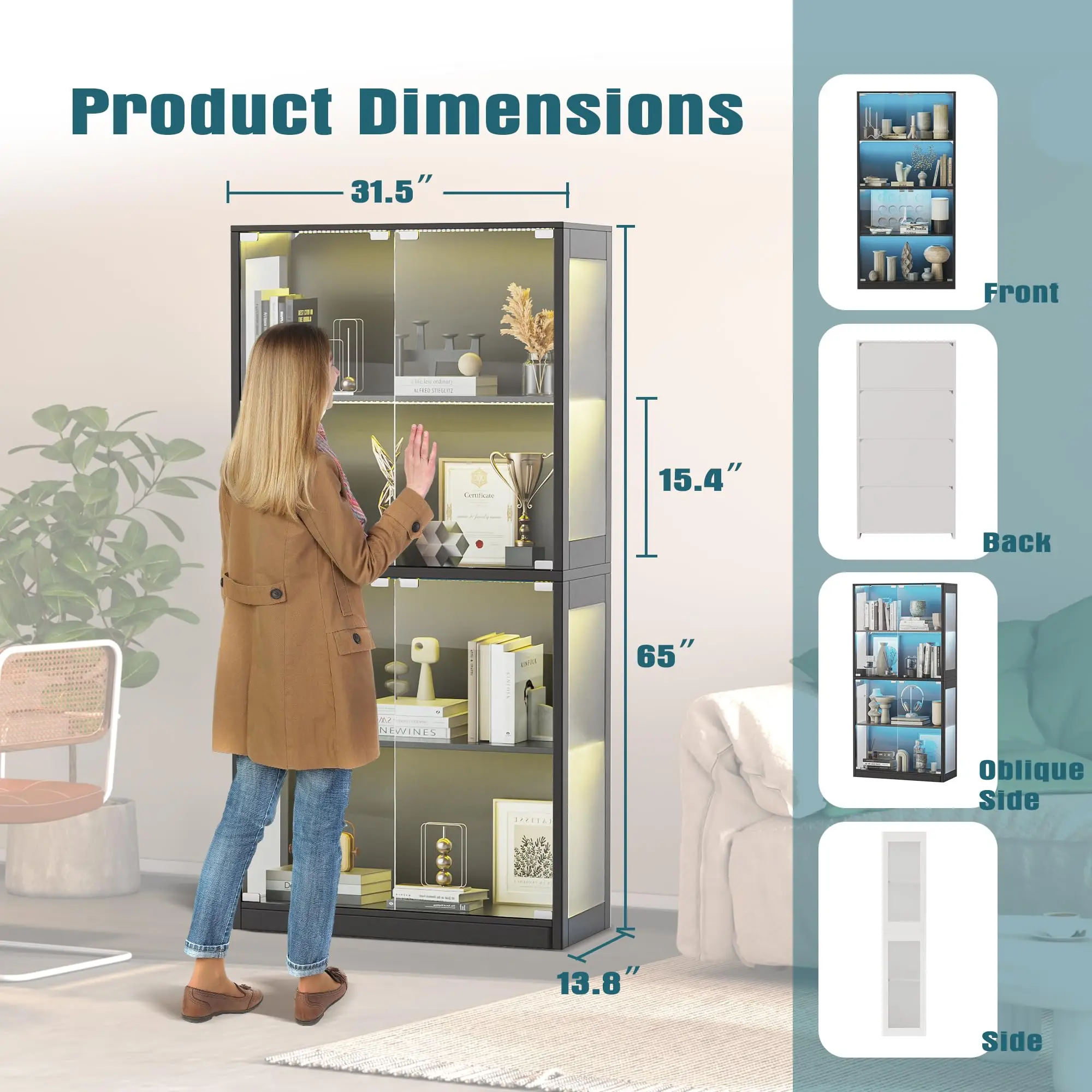 Glass Display Cabinet, 4-Tier Display Cases for Collectibles, Curio Cabinet with Smart Color Lights, Display Shelf