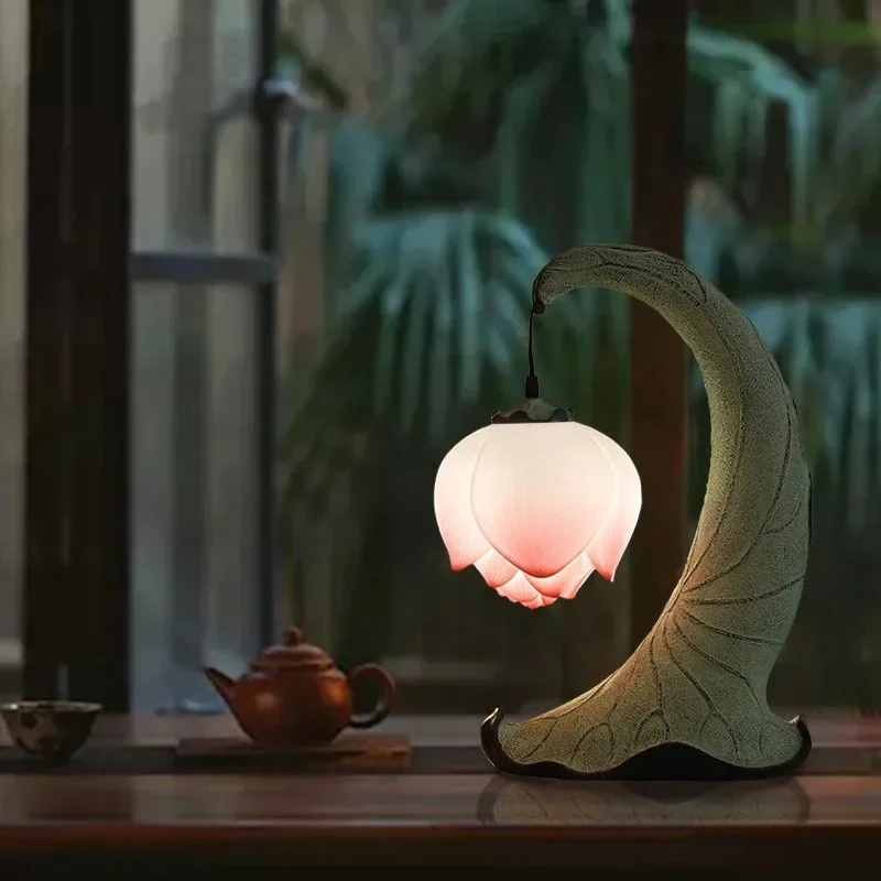 RONIN Contemporary Lotus Table Lamp Chinese Retro Living Room Bedroom Study Tea Room Villa Hotel  Art Decorative Desk Light
