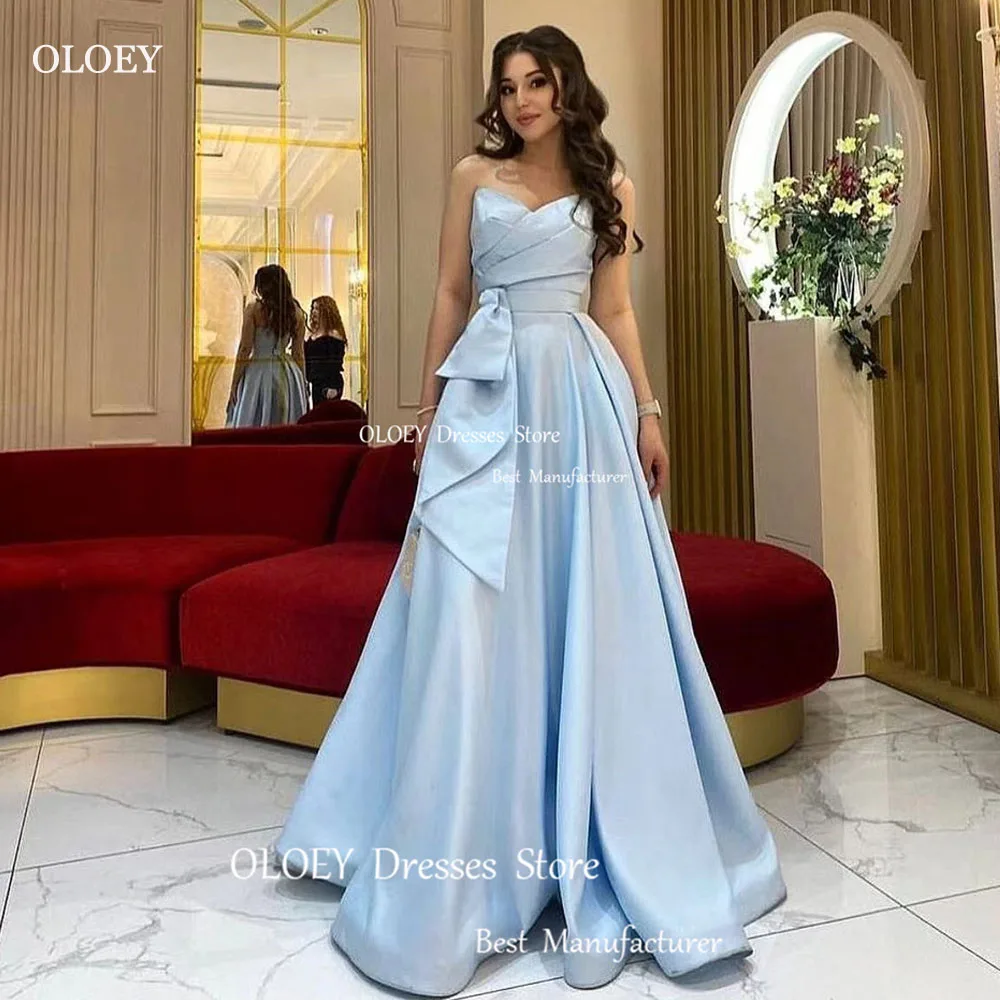 OLOEY Modern Blue Satin A Line Sleeveless Pleated Evening Gown Dresses Sashes Strapless Floor Length Lace Up Formal Bride Gowns