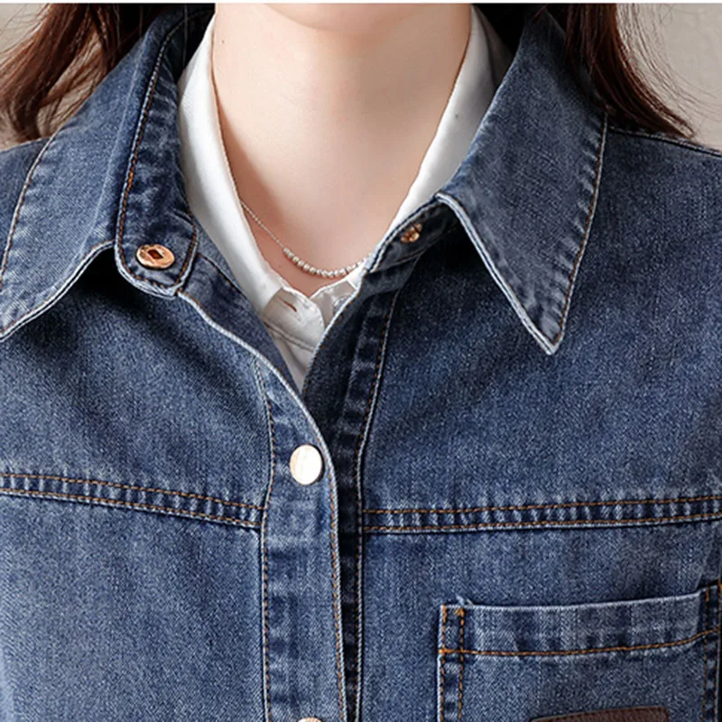 New Denim Blouse Women Coat Vintage Loose Single Breasted Lapel Jean Shirt Female Spring 2024Washed Outwear Elegant Cowboy Tops