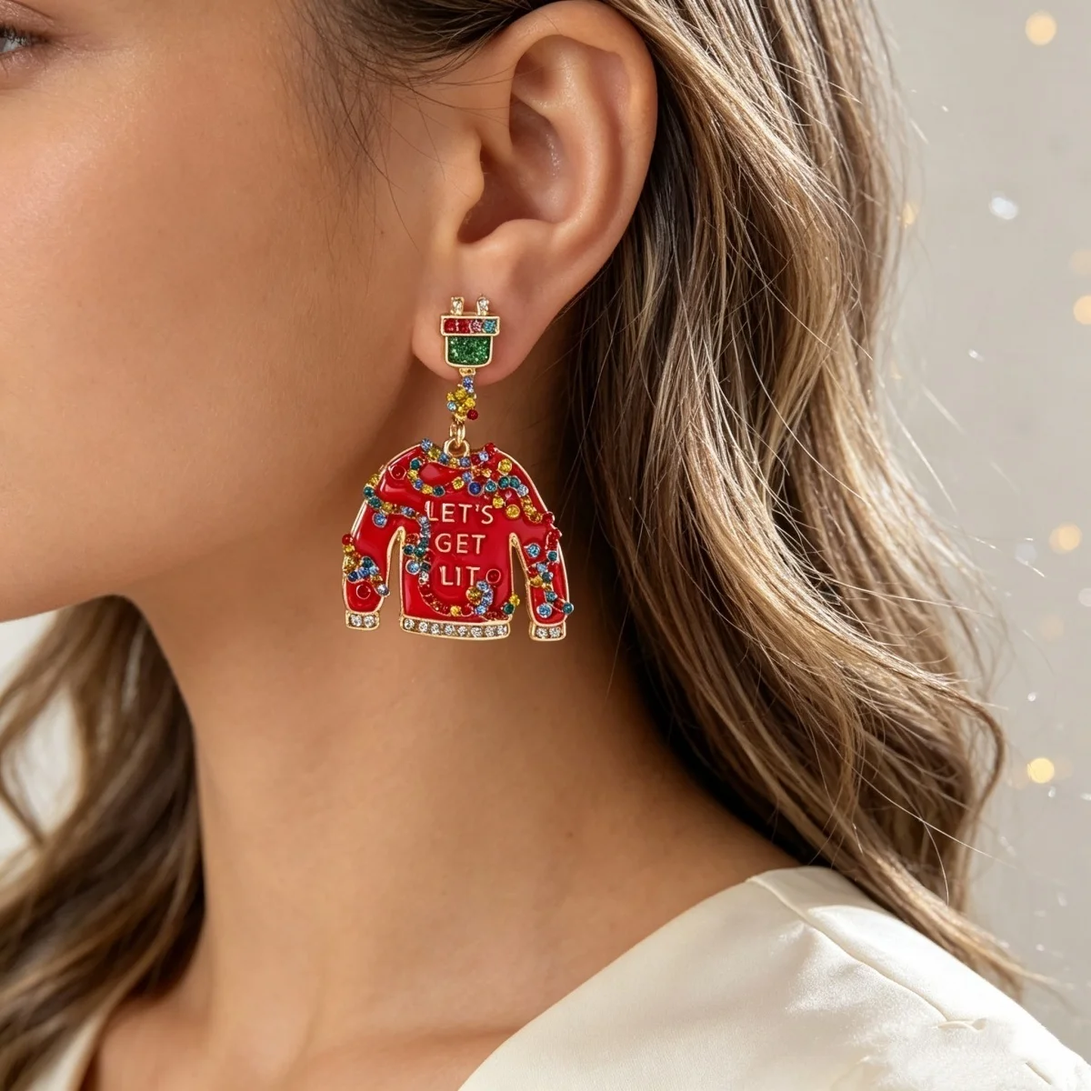 Bunte Strass-Weihnachtspullover-Geschenkbox-Ohrhänger für Damen, Weihnachts-Schneeflocken-, Schlittschuh-, Glühbirnen- und Haus-Ohrringe, Schmuck – Detail 12