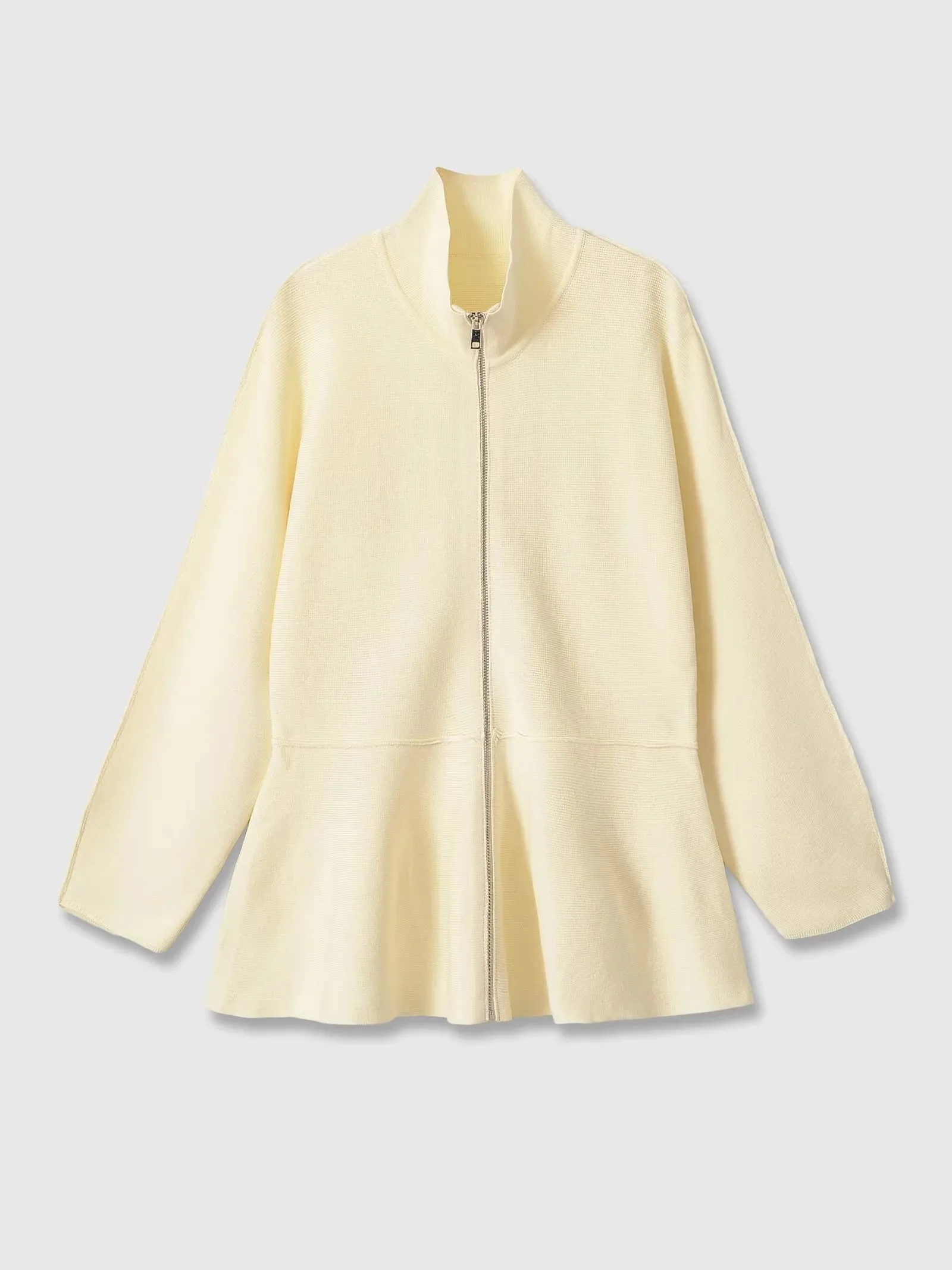 Womens Full Zipper Knit Jacket Stand Collar Peplum Hem Long Sleeve Slim Fit Casual Soft Cardigan Base Tops Chic Streetwear