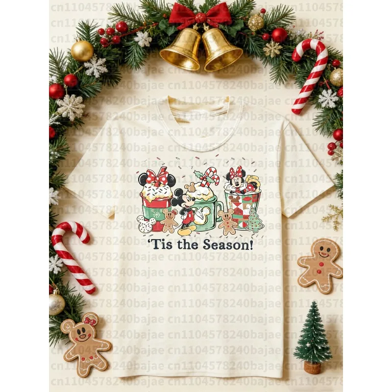 

2025-26 Лето Disney Микки и Минни Рождественская футболка из 100% хлопка с принтом Фестивальная мягкая пряника и карамельная лоза с принтом