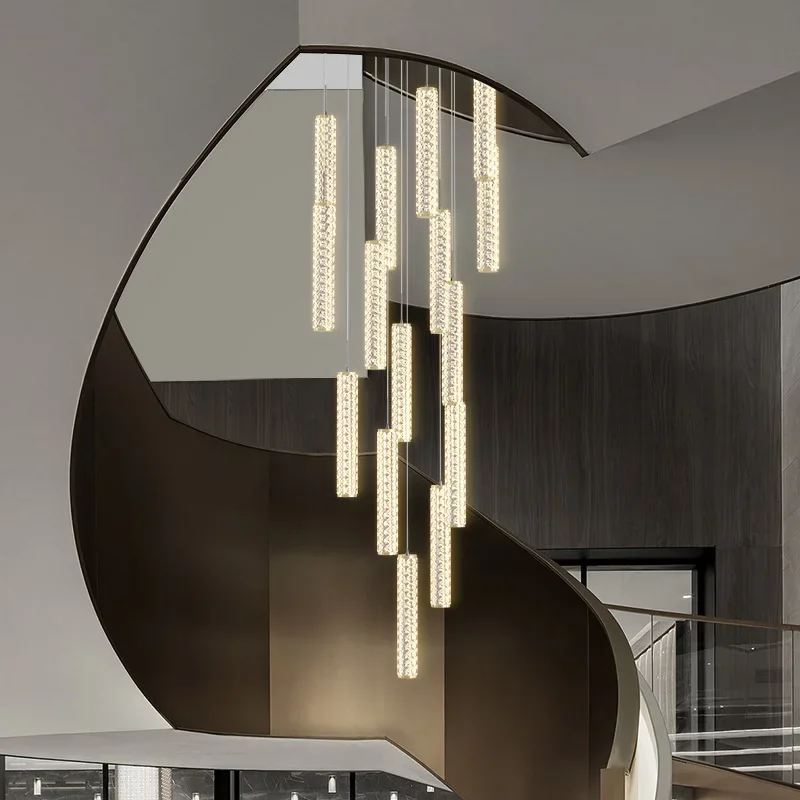 

Staircase long chandelier modern minimalist villa light luxury living room loft internet famous rotating duplex building