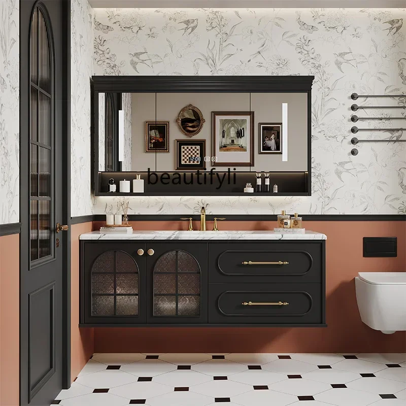 y French retro bathroom cabinet combination double basin rock slab integrated basin light luxury washstand washbasin