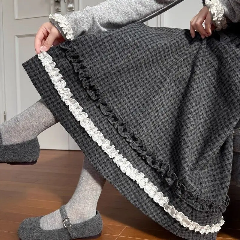 College Mori Girl Style Vintage Kawaii Tweed Black Plaid Maxi Skirt Korean Fashion High Waist A-line Fall Winte Women Midi Skirt