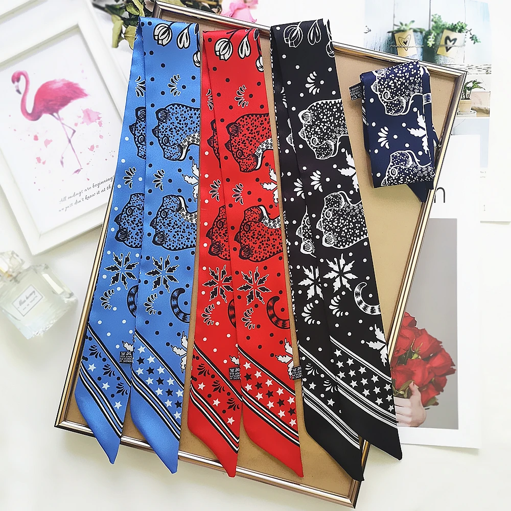 KoreanVersatile in Spring New Animal Leopard Women\'s Twill Decoration Small Silk Scarf Binding Bag Handle Ribbon Hair Band Scarf