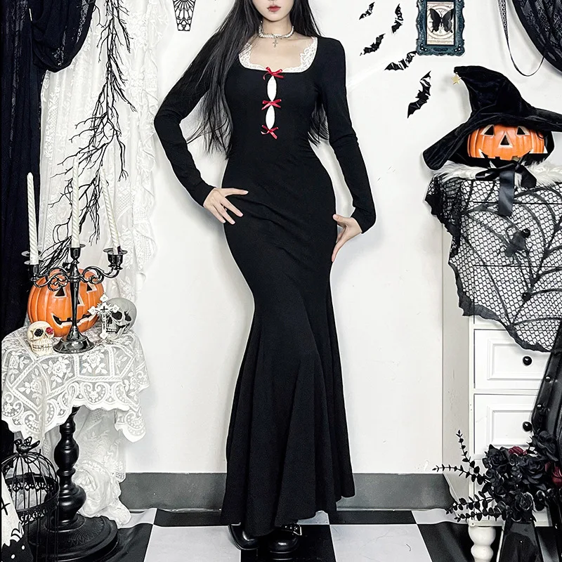 You're My SecExamen-Robe gothique à manches longues et col carré pour femme, t-shirts en queue de poisson, robe de batterie con, costume d'Halloween, patchwork, nouveau