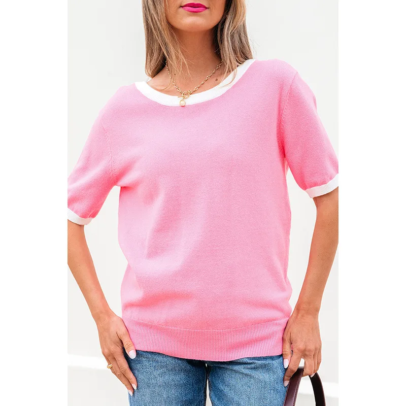 

Spring Summer Women's Slim Fit Backless Short Sleeve Sweater Color Block Edge Design Fashion Trend Top For Ladies
