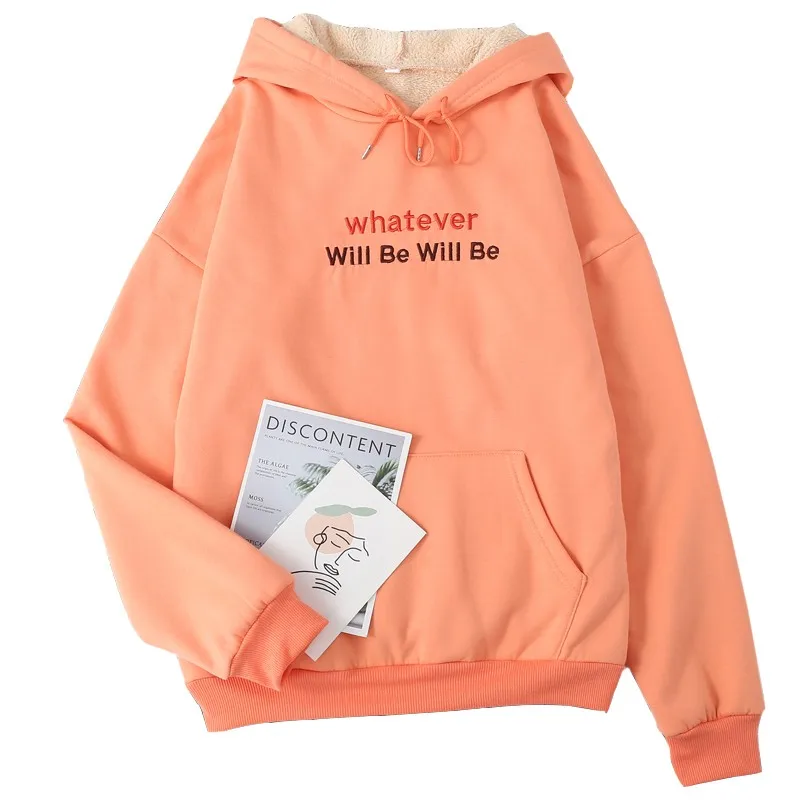 

Winter Fashion Letter Embroidery Harajuku Women's Pullover Hoodie Casual Loose Plus Velvet Thick Warm Tops Sweatshirt Coat