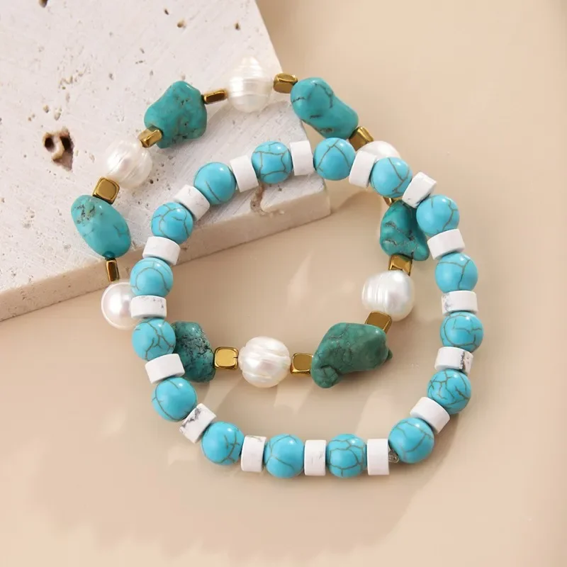 Rice bead bracelet Natural stone Turquoise Design Retro Tide Simple Irregularity Pearl Hand knitting Bohemia  Beaded bracelet